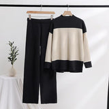 NEW Women 2 Piece Outfits Sweater Sets Knit Lounge Set Fashion Stripes Turtleneck Pullover Tops and Wide Leg Pant Set - Color: Black/off white - Size XXL Fits True