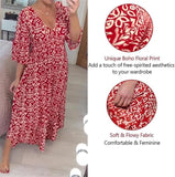 NEW Mikylay Summer V Neck Floral Dress, 2024 New Casual Print V-Neck Long Dress, Bohemian Plus Size Beach Long Dress 3/4 Sleeve, Red, Sz L