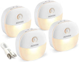 NEW Retails $80, AUVON Rechargeable Mini Motion Sensor Night Light, 2nd Gen Warm White LED Stick-On Closet Light with Dusk to Dawn Sensor, Adjustable Brightness for Wall, Stairs, Cabinet, Hallway (4 Pack)