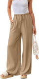 NEW Retails $40, NEWCOSPLAY Women's Linen Pants Wide Leg Summer Palazzo Lounge Pants with Pockets, Dark Khaki, Sz 3XL