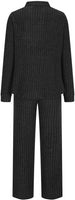 NEW Retails $43, Women Rib Knit Two Piece Loungewear Collar V Neck Pullover Wide Leg Pants with Pockets,  Black, Sz L