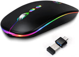 NEW LED Wireless Mouse, Slim Rechargeable Silent Bluetooth Mouse, Portable USB Optical 2.4G Wireless Bluetooth Two Mode Computer Mice with USB Receiver and Type C Adapter (Black)