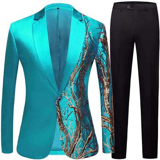 NEW Men's Light Blue Embroidered Pattern Tuxedo Suit Gold Sequins 1 Button Lapel Notch Suits 2 Piece Prom Slim Fit Stylish Blazer - Sz M - Retails $112+