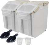 NEW Retails $80, 25 lb Flour Storage Container, 2 Pack 15kg Large Rice Containers with Wheels & Seal Lid, BPA Free Dog Cat Pet Food Bin with Measuring Cup & Scoop for Flour, Rice, Grain Sugar, Cereal - Gray