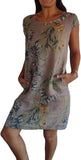 NEW Colour Camel Needream Women's Cotton and Linen Round Neck Printed Dress Sz XL