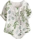 NEW Women Round Neck Summer Tops Floral Cotton Linen Short Sleeve T Shirts Loose Fit Botton Loose Gradient Dressy Tee Blouse, Sz L
