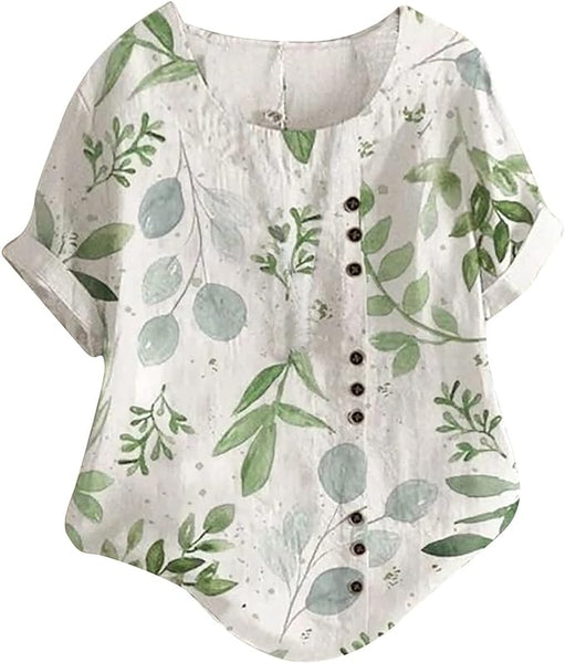NEW Women Round Neck Summer Tops Floral Cotton Linen Short Sleeve T Shirts Loose Fit Botton Loose Gradient Dressy Tee Blouse, Sz L