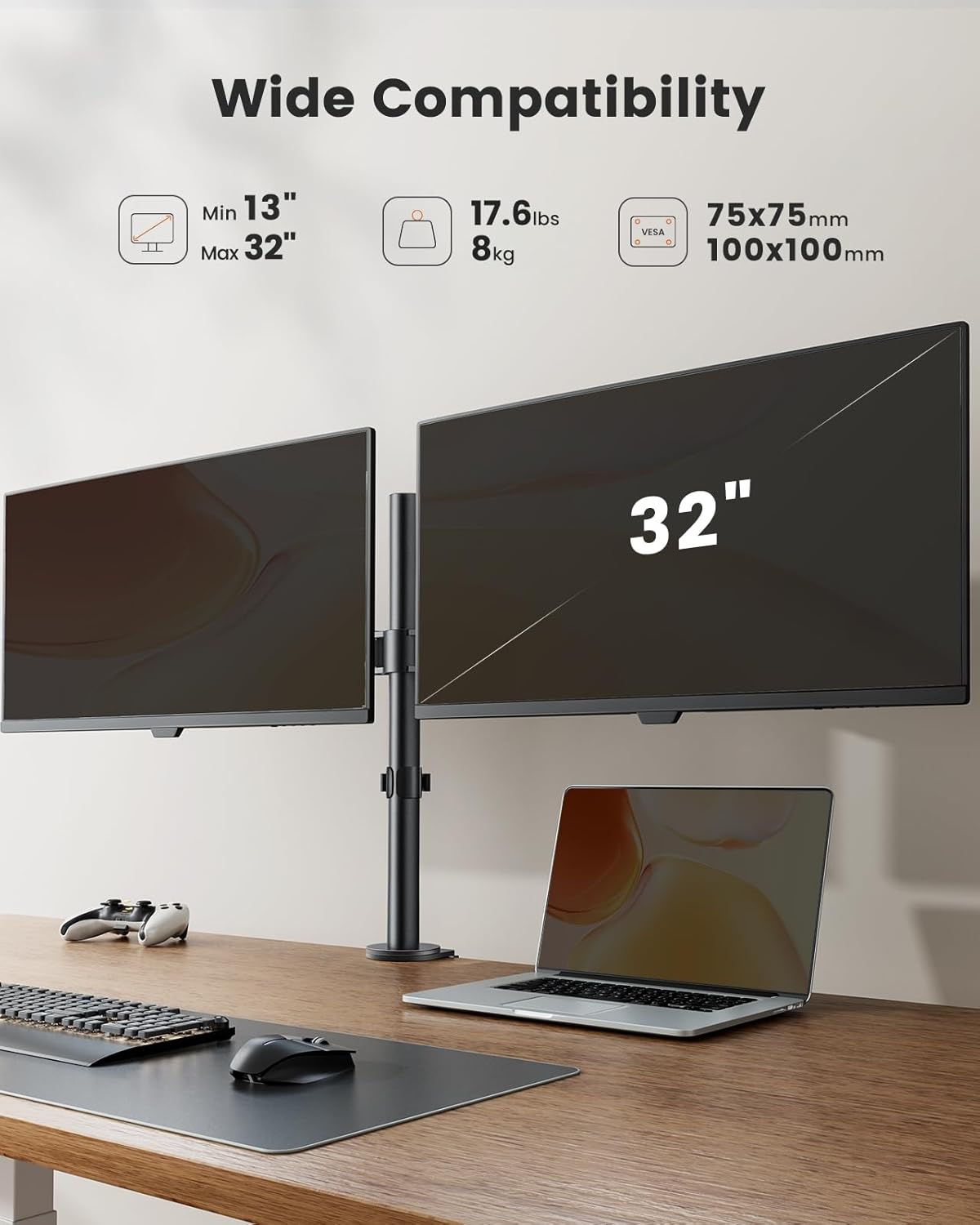 NEW Retails $65 ErGear Dual Monitor Desk Mount, Fully Adjustable Dual Monitor Arm for 2 Computer Screens up to 32 inch, Heavy Duty Dual Monitor Stand for Desk, Holds up to 17.6 lbs per Arm, EGCM1