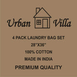 NEW Urban Villa - 4 Pack Extra Large Canvas Heavy Duty Laundry Bags Natural Cotton -Multi Use- Size -28''x 36'', Retails $58
