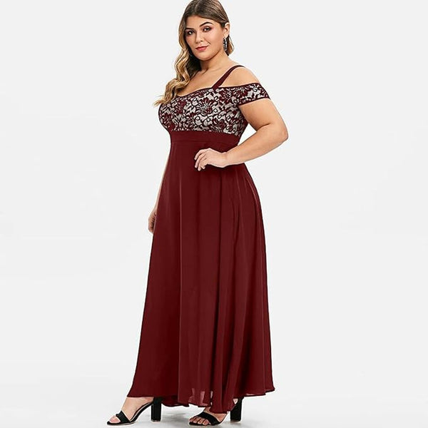 NEW Women Plus Size Cold Shoulder Floral Lace Maxi Party Evening Camis Long Dress Casual Skirts for Women 2024, Wine, Sz 3XL
