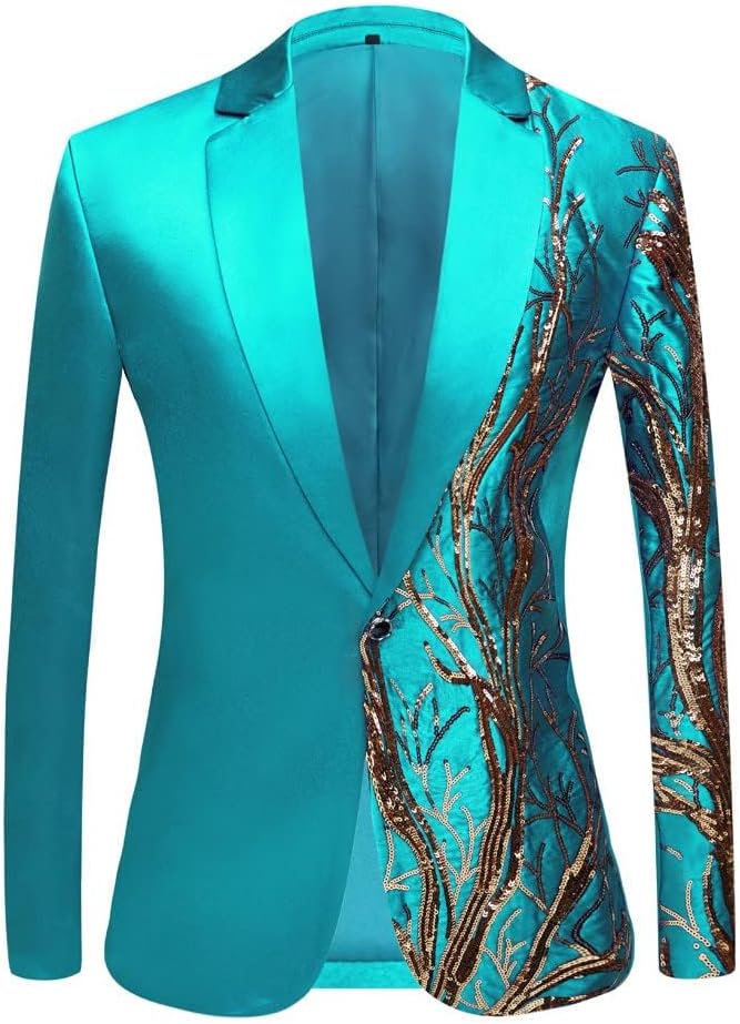 NEW Men's Light Blue Embroidered Pattern Tuxedo Suit Gold Sequins 1 Button Lapel Notch Suits 2 Piece Prom Slim Fit Stylish Blazer - Sz M - Retails $112+