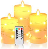 NEW HIYAA LED Flameless Candle, LED Candles with Embedded String Lights, 3 Pack Battery Operated Candles with Remote Control, 24-Hour Timer Function, Dancing Flame, Real Wax