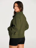 NEW AUTOMET Lulu Dupe Womens Half Zip with Lulu Logo on zipper pull Cropped Pullover Fleece Quarter Hoodie with Thumb Holes - Army Green - Size M