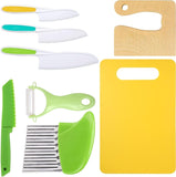 NEW Leking 8 Pcs Wooden Kitchen Knife Set for Kids - Includes Safe Knives, Serrated Plastic Knives, Potato Slicers, Sandwich Cutter, Peeler and Cutting Board