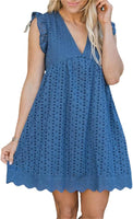 NEW California Lace Plain Ruffle Sleeve Dress Romper, Blue, Sz L