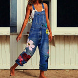 NEW WUAI-Women Denim Overalls Jumpsuit Casual Floral Printed Baggy Loose Bib Jeans Pants Rompers with Pockets, Sz XXL