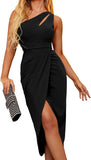 NEW Women's Sexy One Shoulder Dress Sexy Hollow Out Sleeveless Ruched Wrap Classic Midi Club Party Dress, Black, Sz XXL