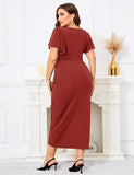 NEW Retails $71 ZOMVA 4 Way Stretch Plus Size Cocktail Dress Comfortable Bell Sleeves Wedding Guest Square Neck Semi Formal Sz 1X, Red Wood
