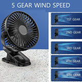 NEW Compact Clip on Fan USB Rechargeable, 5000mAh 6 Inches Portable Personal Fan for Outdoors, Baby Stroller, Car Seat, Gym - Black