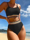NEW Zuvebamyo Women's High Waisted Swimsuit Two Piece Ribbed Bikini Sets Crop Top High Cut Cheeky Bathing Suits, Sz L