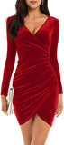 NEW GUBERRY Womens Wrap V Neck Long Sleeve Stretch Velvet Bodycon Ruched Cocktail Party Dress, Burgundy Sz XL