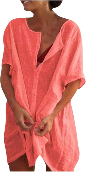 NEW Women's Loose Summer Tops Oversized Cover up Mid-Length Solid Color Short Sleeve Blouse Top, Watermelon Red, Sz XL