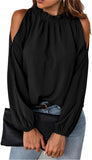NEW Cold Shoulder Satin Blouse, Pleated Stylish Long Sleeve Top for Work (S), Black