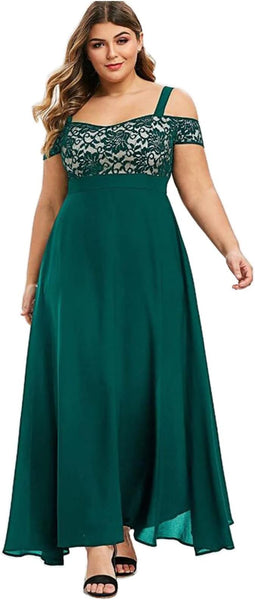 NEW Women Plus Size Cold Shoulder Floral Lace Maxi Party Evening Camis Long Dress Casual Skirts for Women 2024, Green, Sz 3XL