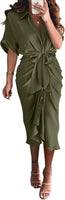 NEW BTFBM Women's Long Sleeve Lapel V Neck Button Down Army Green Dress Belted Elegant Ruched Spring Summer Maxi Shirt Dress - Size M - Retails $59+