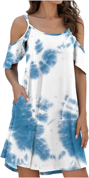 NEW Women's Loose Fit Cold Shoulder T-Shirt Dress Tie Dye Print Summer Casual Short Sleeve with Pocket, Sz S