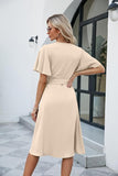 NEW Women's Summer Satin Wrap Dresses V Neck Ruffle Short Sleeve Midi Dresses for Cocktail Party with Belt, Beige, Sz M