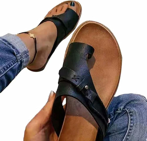 NEW Women's Orthopedic Correction Leather Ring Toe Casual Bunion Slippers Summer Casual Beach Sandals Flat Heel Flip Flops, Black, Sz 9.5