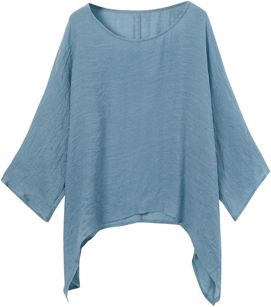 NEW Sz 2X Blue Linen Tops for Women Loose Fit Summer Casual Plus Size Loose Cotton Solid Color Tops Shirt Blouse Linen Blend Top