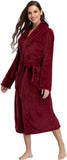 NEW RONGTAI Womens Bathrobe Ladies Fleece Plush Warm Long Robes, Burgundy Red, Sz L