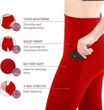 NEW SATINA Leggings for Women - Soft Women’s High Waisted Leggings, Full Lengths w/Pockets, Red, One Size