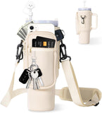 NEW Water Bottle Carrier Bag with Phone Pocket for Stanley 40/30 oz Tumbler Neoprene Water Bottle Holder Pouch with Adjustable Strap Bollus with Straw Cover & Carabiner for Stanley Cup Accessories, Cream