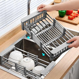 NEW Expandable Over The Sink Dish Rack, Rustproof Stainless Steel for Kitchen, Dish Drain Rack for Drying Dishes Fruit,