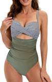 NEW Rojeam Womens V Neck One Piece Swimsuit Tummy Control Swimwear Ruffled Lace Up Monokini Bathing Suit, Sz L