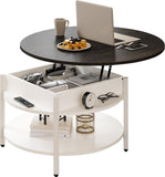 NEW Assembled, Retails $190, FABATO Round Lift Top Coffee Table with Storage and Hidden Compartment, 68cm Farmhouse Coffee Table for Living Room Reception Room, 2 Tier Small Round Coffee Table Circle Dining Table, White
