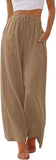 NEW Retails $40, NEWCOSPLAY Women's Linen Pants Wide Leg Summer Palazzo Lounge Pants with Pockets, Dark Khaki, Sz 3XL