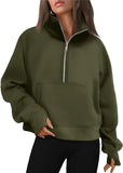 NEW AUTOMET Lulu Dupe Womens Half Zip with Lulu Logo on zipper pull Cropped Pullover Fleece Quarter Hoodie with Thumb Holes - Army Green - Size M
