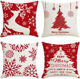 NEW 18 inch Christmas Cushion Covers Set of 4, Vintage Christmas Design Cushion Covers, Pillow Case With Xmas Tree Elk Snowflake Pattern, Linen Throw Pillow Covers for Sofa Winter Holiday Home (Red)