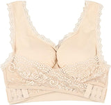 New Women Comfort Wireless Lace Lift Bra Classic Front Cross Side Buckle Yoga Sports Lace Bra, Beige, Sz XL