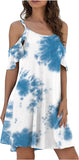 NEW Women's Loose Fit Cold Shoulder T-Shirt Dress Tie Dye Print Summer Casual Short Sleeve with Pocket, Sz S
