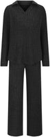 NEW Retails $43, Women Rib Knit Two Piece Loungewear Collar V Neck Pullover Wide Leg Pants with Pockets,  Black, Sz L