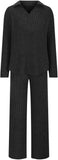 NEW Retails $43, Women Rib Knit Two Piece Loungewear Collar V Neck Pullover Wide Leg Pants with Pockets,  Black, Sz L