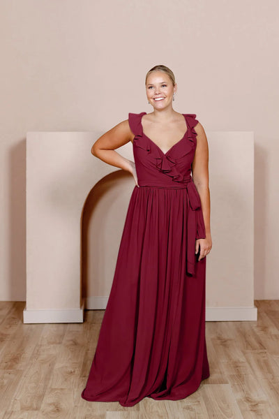 NEW Valerie Chiffon Faux Wrap Dress, Burgundy, Sz 12, Retails $361