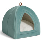 Lightly used Bedsure Pet Tent Cave Bed for Cats/Small Dogs - 15x15x15 inches 2-in-1 Cat Tent/Kitten Bed/Cat Hut with Removable Washable Cushioned Pillow - Microfiber Indoor Outdoor Pet Beds, Washed Blue