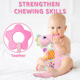 NEW Baby Sensory Dino Musical Stuffed Animal Toys for 0-3-6-9-12 Months, Infant Dinosaur Tummy Time Toys with Crinkle Sound Paper, Teether, Textures & Rattles for Newborn Boys Girls Birthday Gifts, Pink