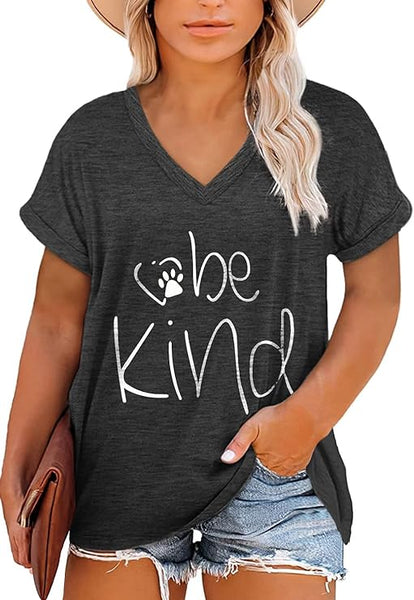 NEW Women Plus Size Be Kind T Shirt Summer V Neck Cute Graphic Tees Funny Inspirational Teacher Tops, Grey, Sz 3X, Fits Like 1X-2X